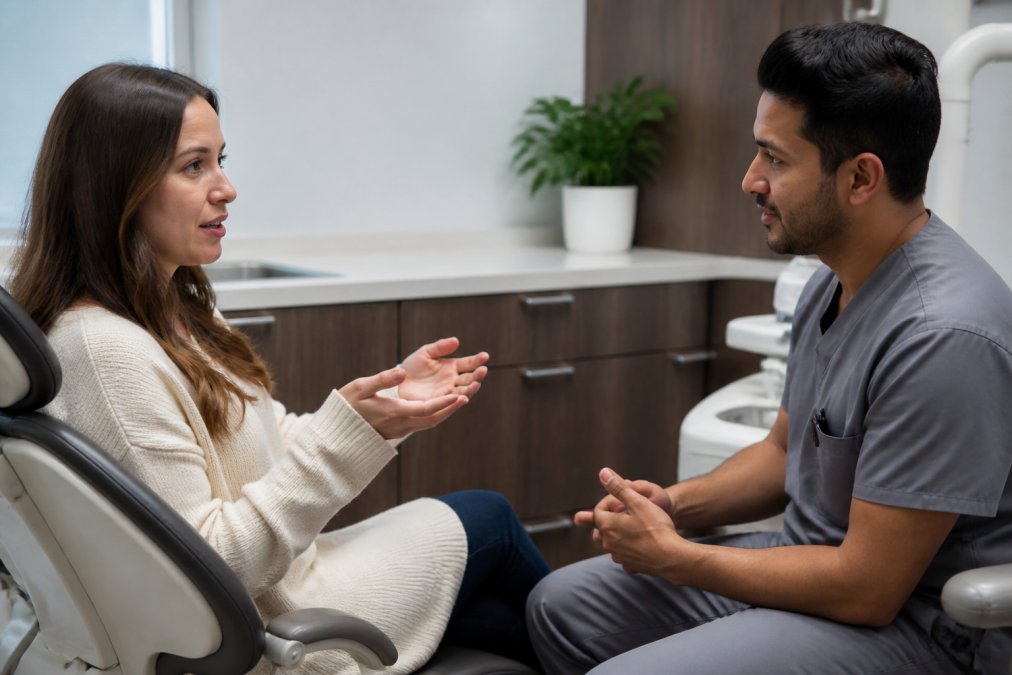 A calm adult patient sitting in a dental consultation room, speaking openly with a dentist who is listening attentively, warm lighting, comfortable modern office setting