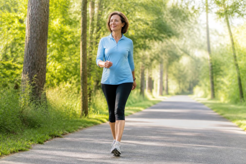 A woman in her mid-50s walking briskly on a sun-dappled outdoor path, wearing comfortable athletic shoes and light workout clothes, looking relaxed and focused, with trees and soft morning light in the background
