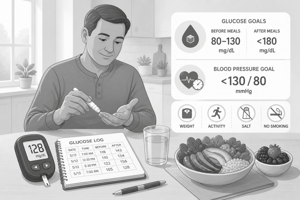 Person checking blood glucose with a meter and logbook on a kitchen table with healthy foods and water nearby, natural morning light