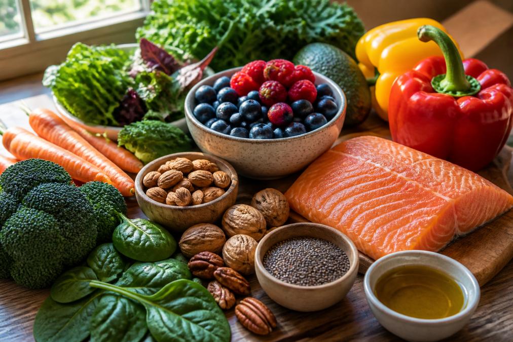 Colorful assortment of fresh vegetables, leafy greens, berries, nuts, and salmon fillet arranged on a wooden surface with natural sunlight
