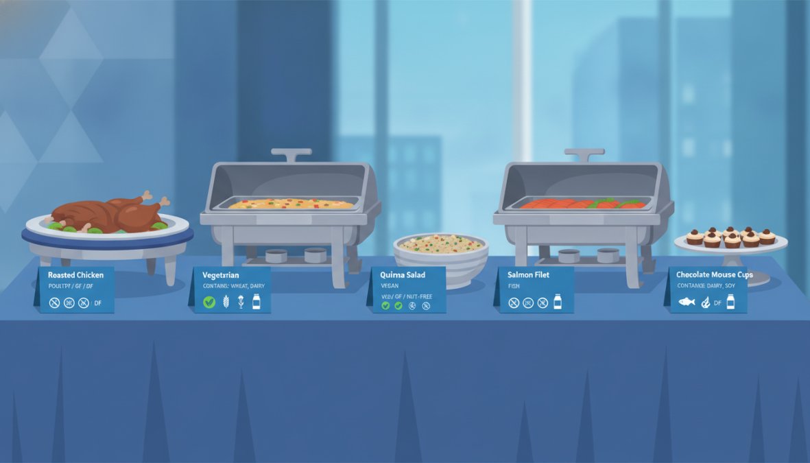 Elegant buffet table with small white tent cards displaying allergen labels beside each dish, set in a well-lit corporate event dining space with warm overhead lighting and neatly arranged platters