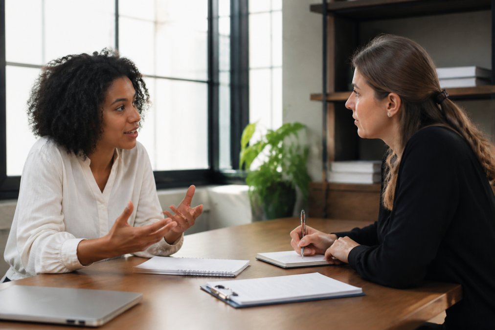 Two colleagues sitting at a desk facing each other in a constructive conversation, one leaning forward with open hands and engaged expression, the other taking notes with focused attention, natural office lighting from window