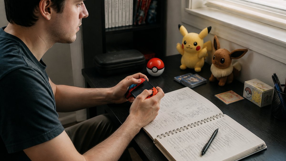 Player holding a Nintendo Switch controller, focused on the screen, with a notebook of team notes and strategy sketches visible on a gaming desk with natural window lighting