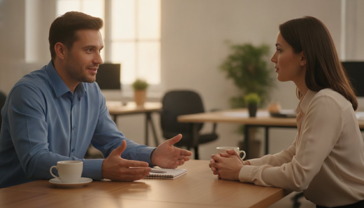 Two professionals having a focused one-on-one conversation in a private office with open body language and attentive listening
