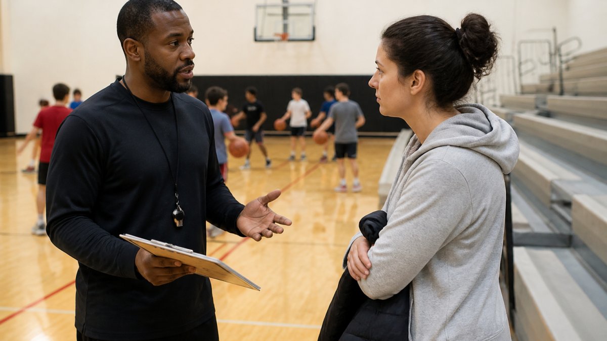 A youth basketball coach in a gymnasium speaking calmly with a parent near the bleachers, clipboard in hand, players practicing in the background