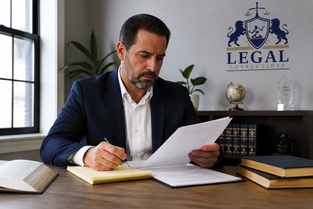 A person sitting at a desk with a notepad and pen, reviewing legal documents, looking focused and determined in a home office setting