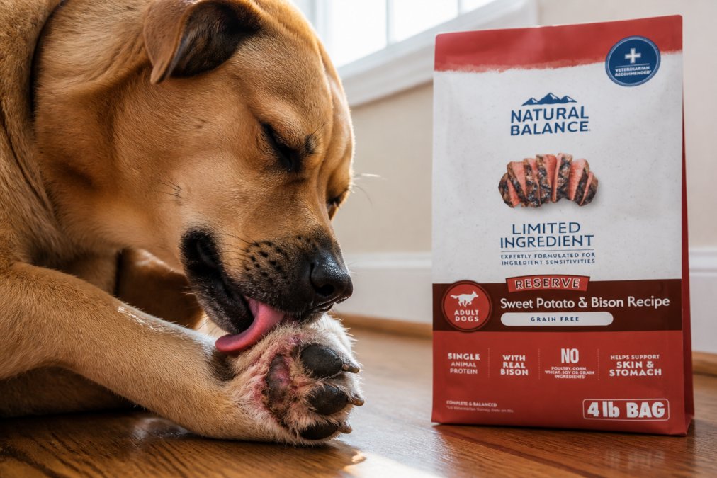 Close-up of a dog's paw showing redness and irritation between the toes, with the dog licking its paw in a home setting with natural window lighting