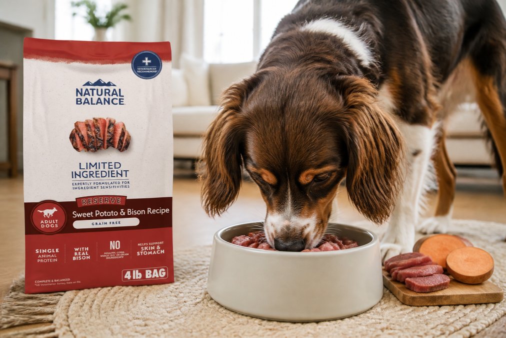 A dog eating from a bowl with fresh duck meat and sweet potato visible, showing a healthy meal alternative in a bright home setting
