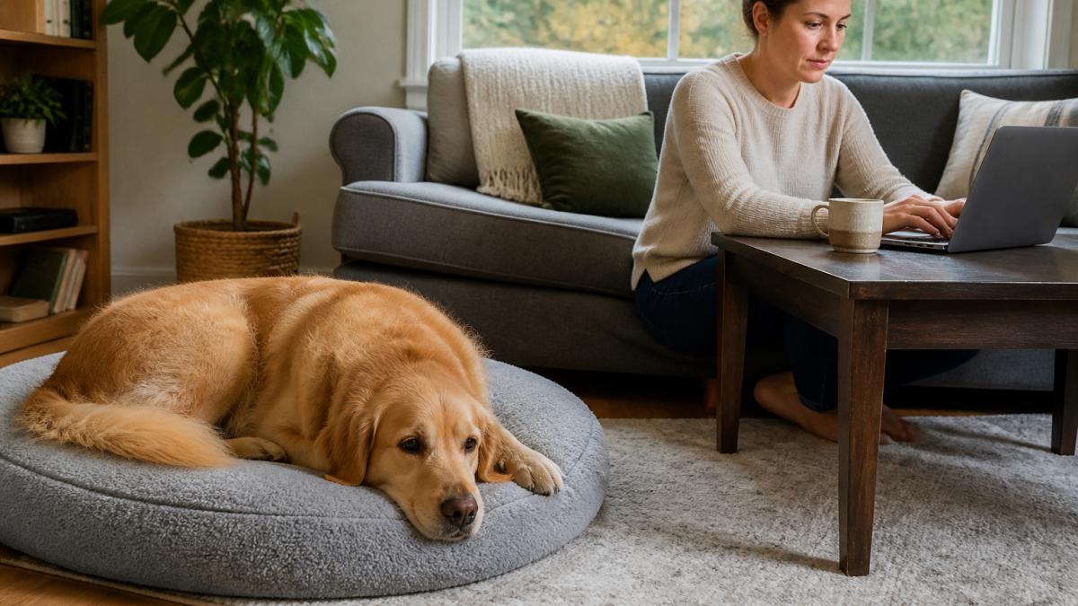 A dog resting calmly on a cushioned bed in a sunlit living room while a person quietly works on a laptop nearby