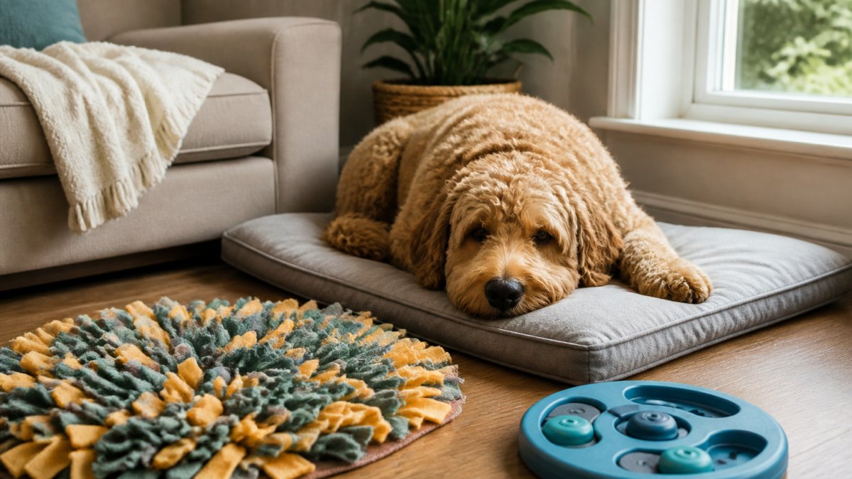 A dog relaxing on a mat in a cozy corner of a living room with a puzzle toy and snuffle mat nearby, soft daylight through a window