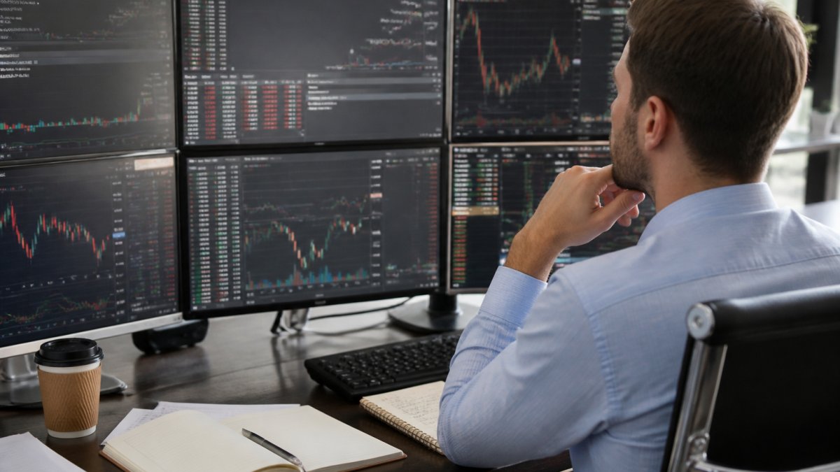 Professional trader seated at desk with multiple monitors displaying trading charts and MetaTrader 5 platform, with a notebook and trading journal visible on the desk surface