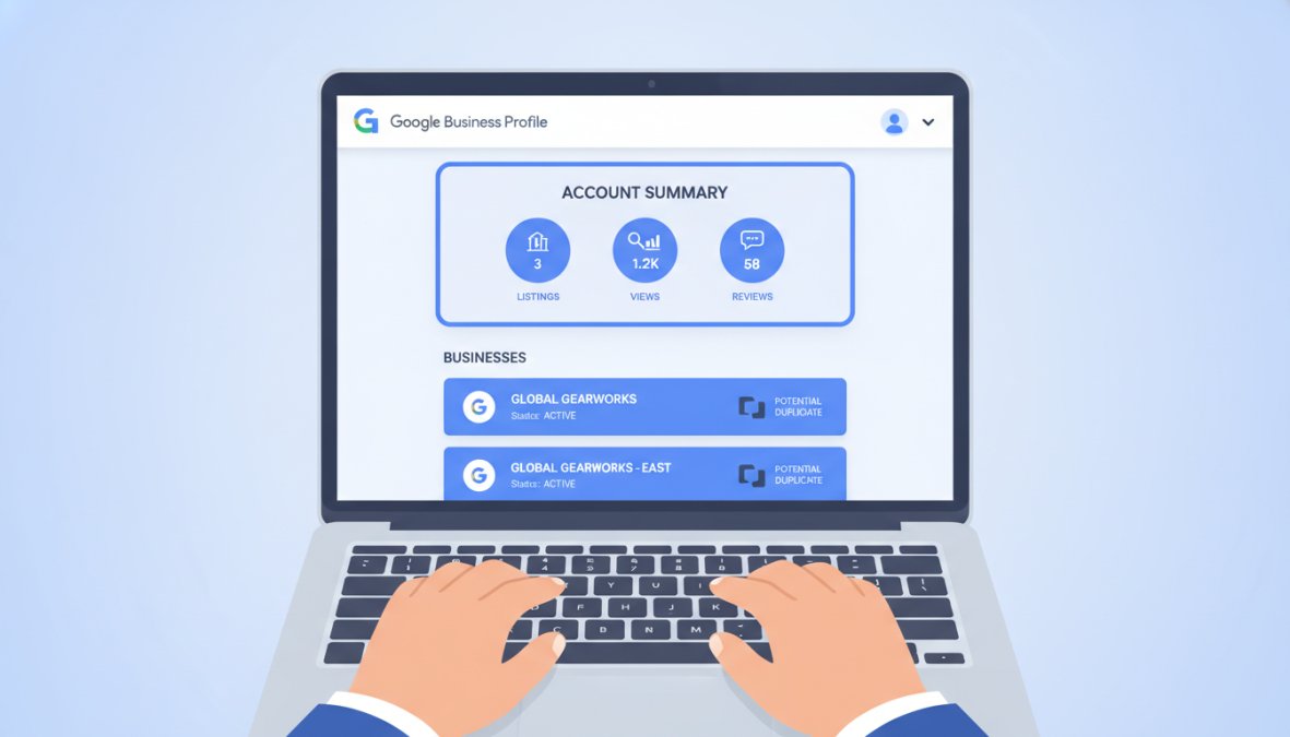Business owner viewing Google Business Profile dashboard on laptop screen showing account summary and duplicate locations tool