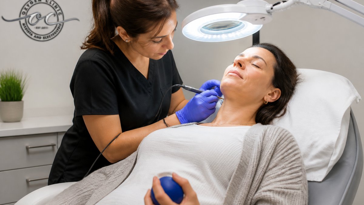 A calm client reclining in a treatment chair during an electrolysis session, electrologist's gloved hands working with a fine probe under bright clinical lighting, client holding a stress ball