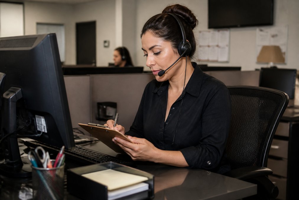 An HVAC dispatcher wearing a headset, seated at a desk with a computer screen, taking notes on a clipboard during a phone call, under warm office lighting in a professional dispatch center