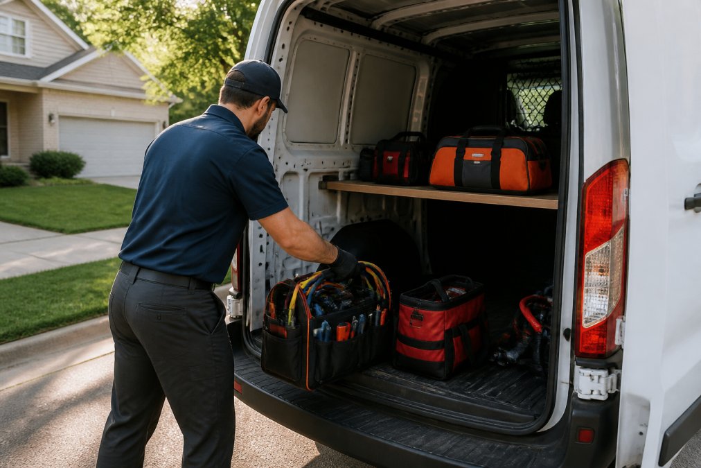 An HVAC technician in a branded uniform loading diagnostic equipment into a service van parked in a residential neighborhood driveway, morning light, preparing to respond to a call