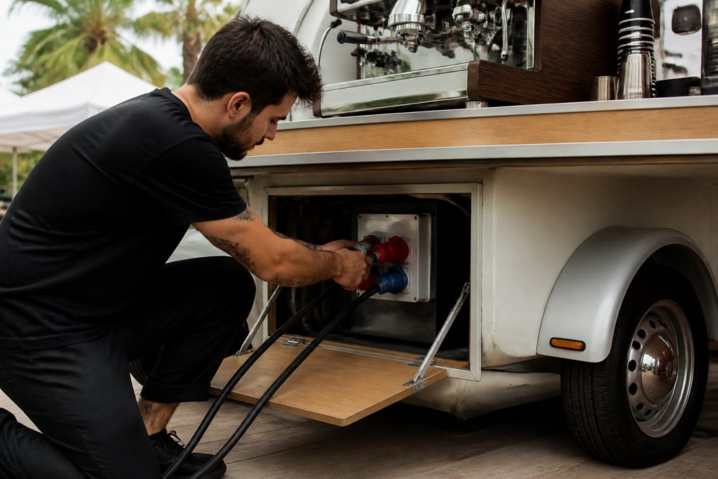 Professional barista checking electrical connections and power cables on a mobile espresso cart at an outdoor event venue, with equipment visible and power management setup in focus