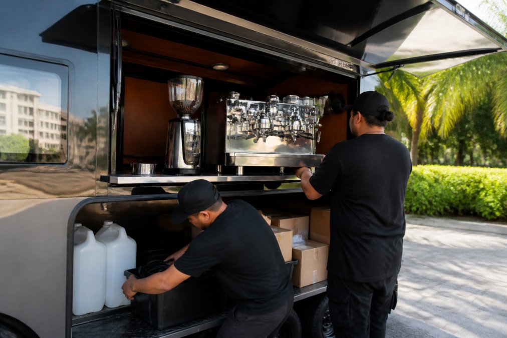 Barista team efficiently loading commercial espresso machine and grinder equipment into a mobile coffee trailer, showing organized staging with power cables, water tanks, and supply boxes arranged for transport