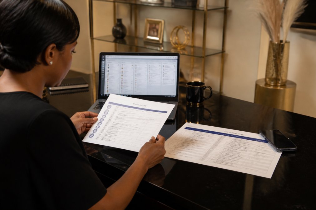 An event planner at a sleek desk reviewing a printed vendor contact sheet and event timeline, with a laptop open to a shared project board and a phone nearby, in a warmly lit office with elegant decor