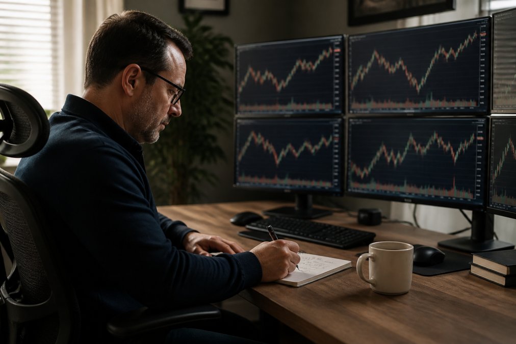 Professional trader at desk reviewing trading journal with coffee cup nearby, multiple monitors displaying price charts and trading data, focused and disciplined expression in modern home office with natural lighting