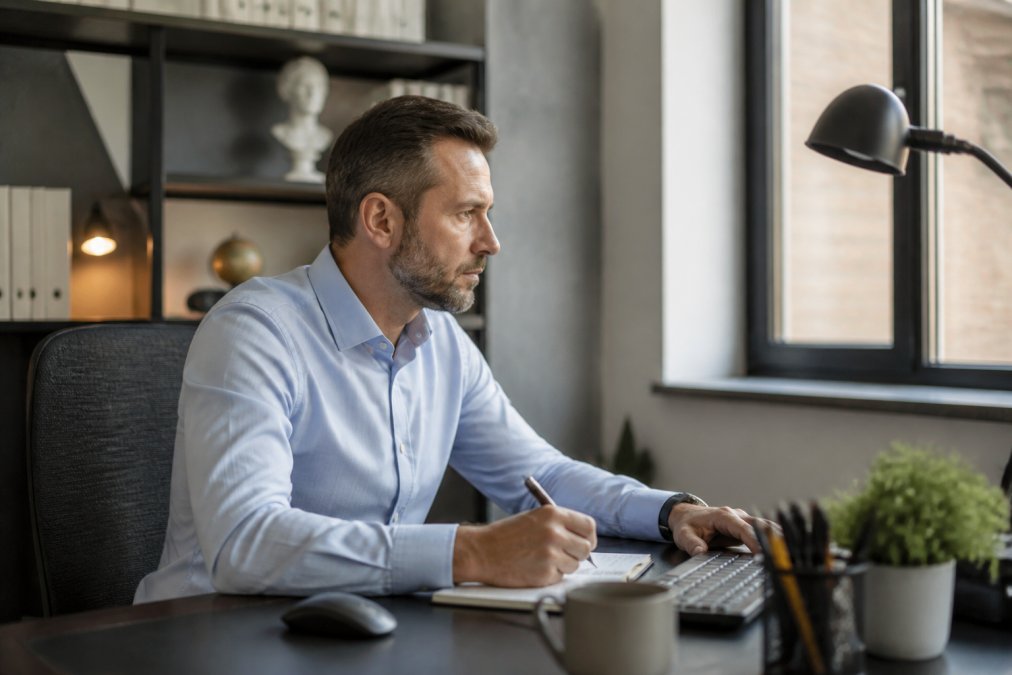 Professional trader working at multiple monitors displaying automated trading systems with real-time data feeds and execution alerts, calm and confident demeanor, modern home office setup with professional lighting