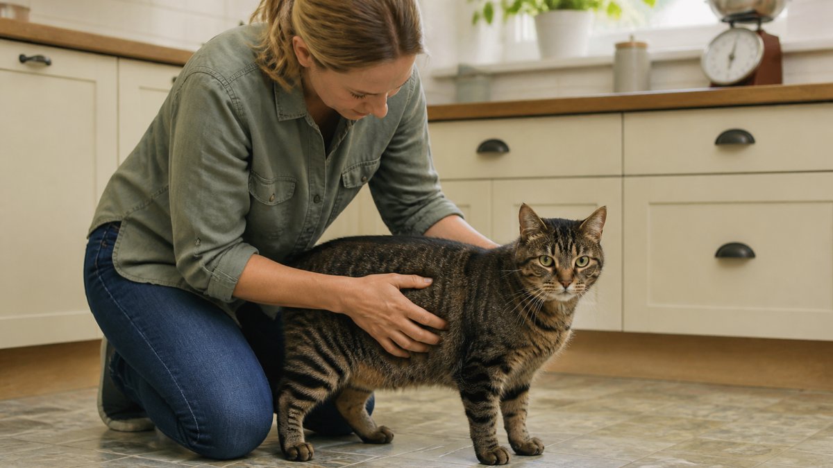 A cat owner kneeling on a kitchen floor gently running both hands along a calm tabby cat's ribs and waist, morning light from a window, a set of kitchen scales pushed aside on the counter