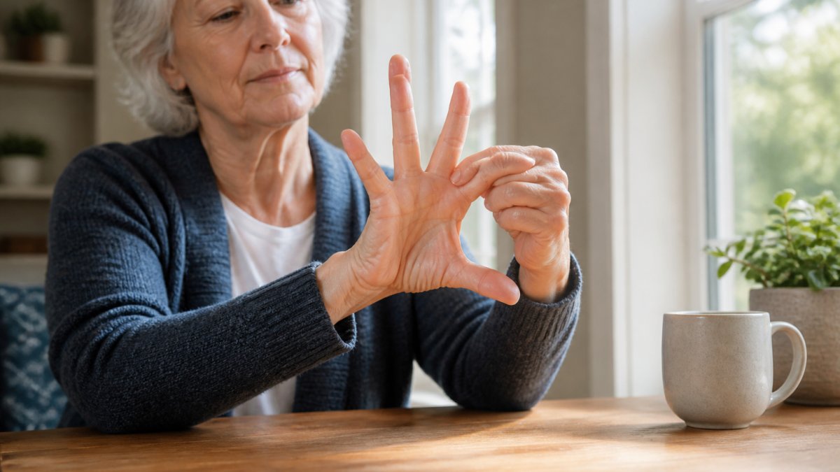 A close-up of an older adult's hands gently performing a finger stretch exercise over a wooden table, with soft morning light coming through a window in a cozy home setting
