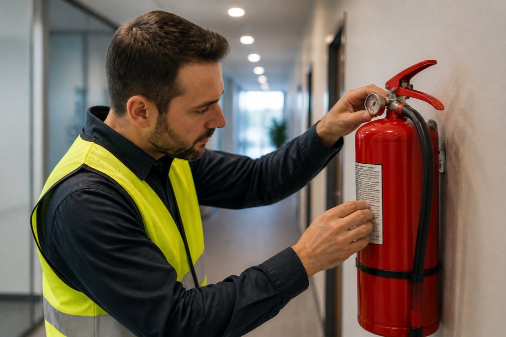Professional fire safety technician in high-visibility vest conducting hands-on inspection of a wall-mounted fire extinguisher in a commercial building corridor, checking the pressure gauge and examining the certification label under bright overhead lighting