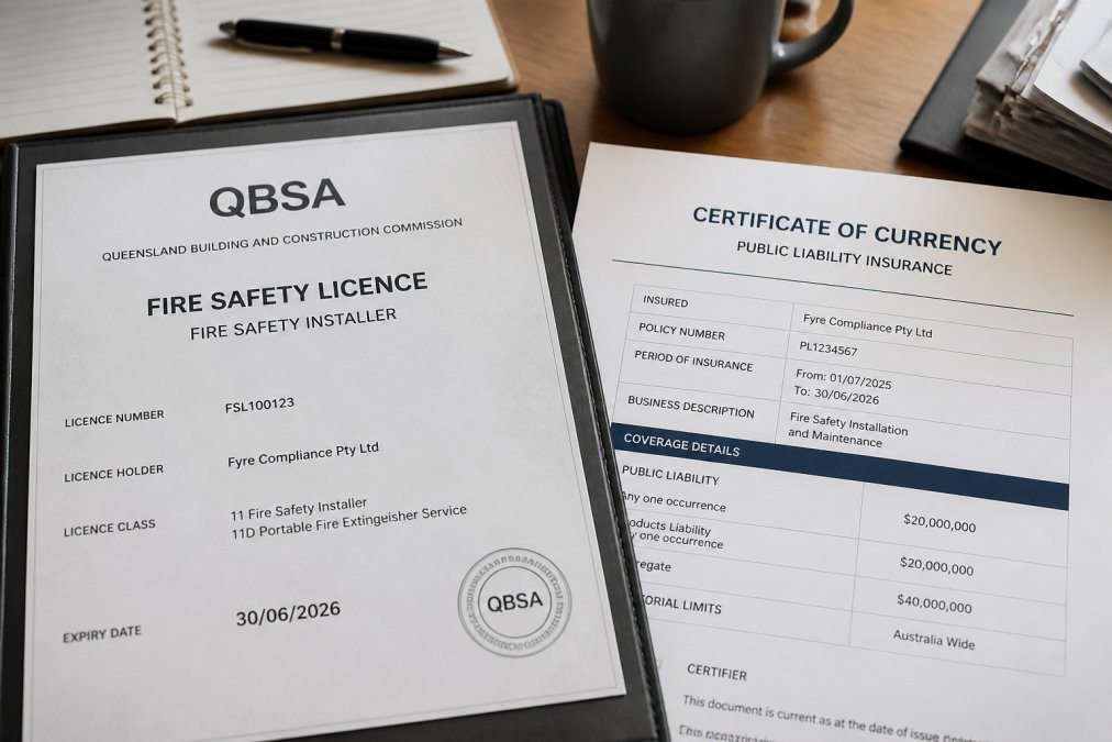 Close-up of a professional's QBSA fire safety license certificate and comprehensive public liability insurance documentation displayed on a desk, showing licence number, expiry date, and insurance coverage details under natural office lighting