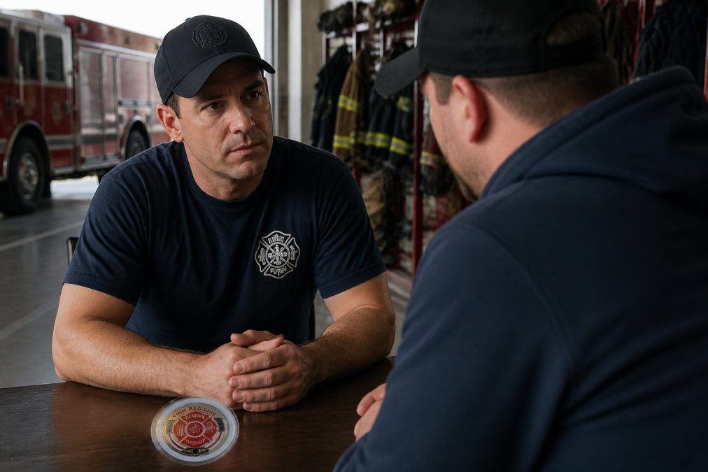 Firefighters in station setting having a supportive conversation, one person leaning forward listening attentively to another, natural station lighting