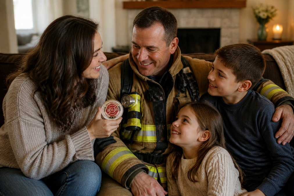 Firefighter with family members, spouse and children, together in comfortable home setting, showing connection and support, warm natural lighting