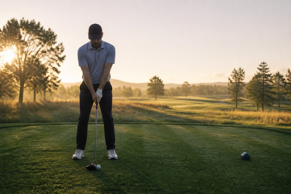 Golfer standing behind the ball at the tee box with focused expression, taking a deliberate breath before opening drive, early morning light on the course