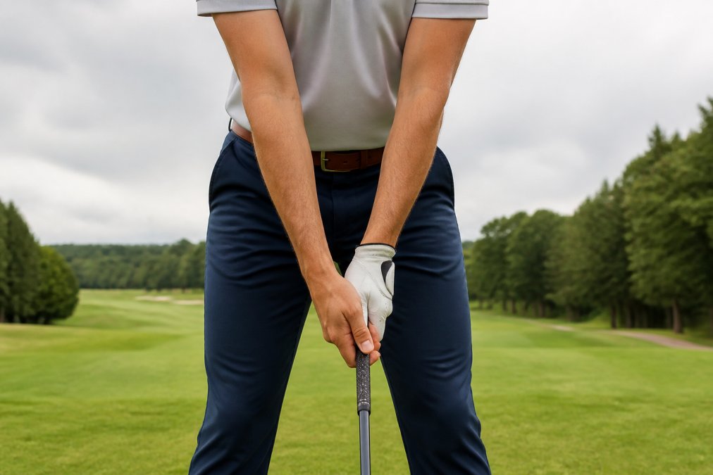 Golfer's hands gripping club with relaxed, natural pressure, showing calm body posture and relaxed shoulders at the tee