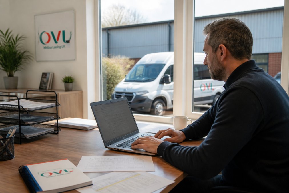 A fleet manager in a bright UK office reviewing fuel data on a laptop screen with a crew van visible through the window, papers and a coffee cup on the desk