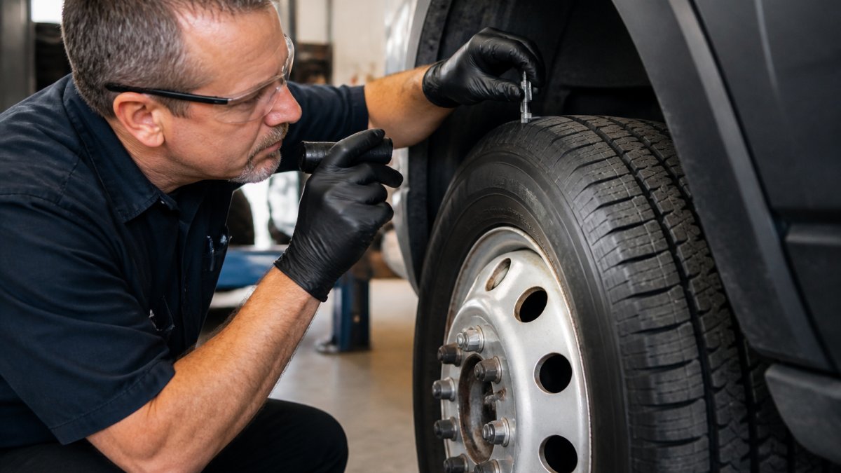 Professional mechanic performing close-up wheel inspection on fleet vehicle, checking tire tread depth and wheel rim condition with inspection tools in bright shop lighting