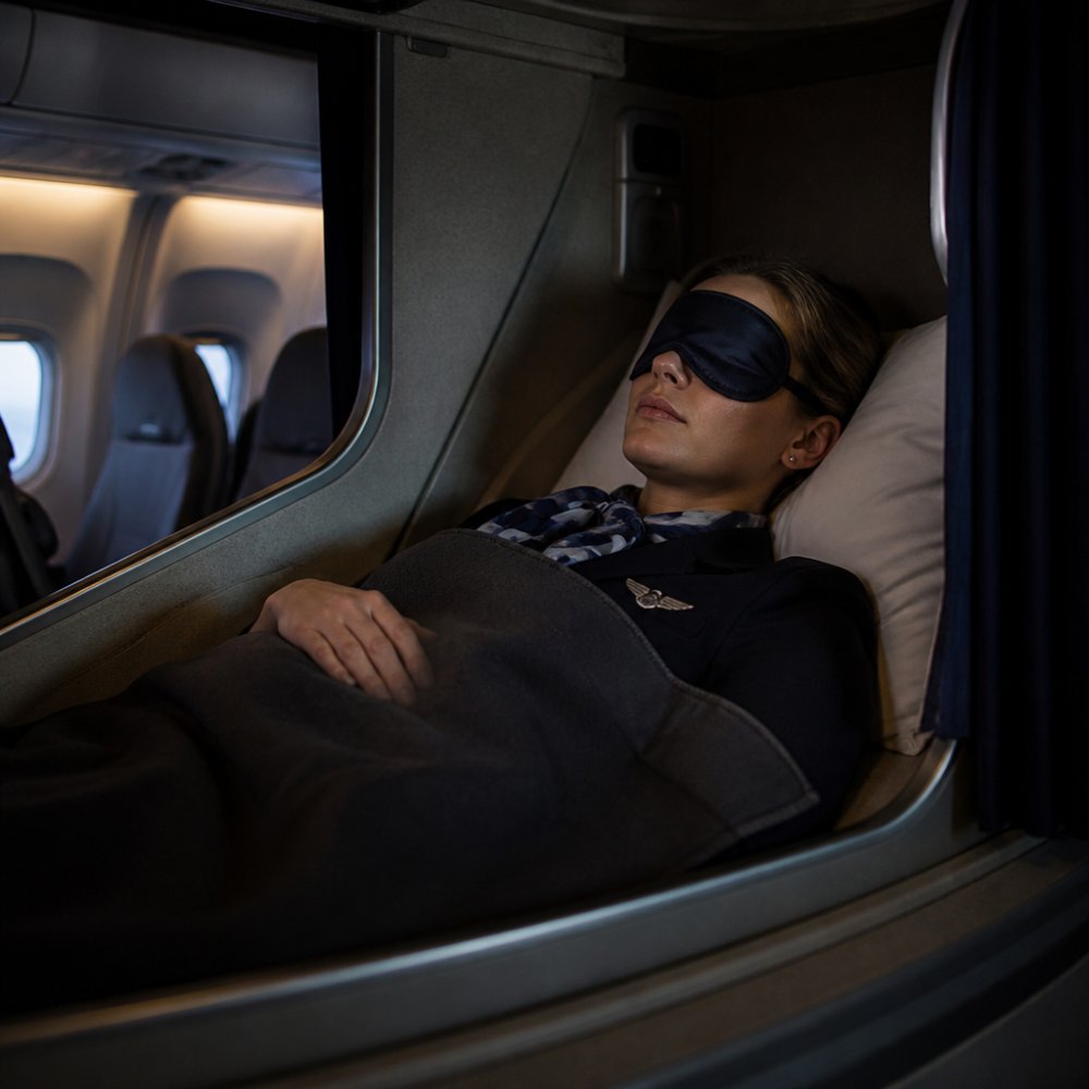 Flight attendant resting in a crew bunk to help manage flight crew fatigue during a long-haul journey.