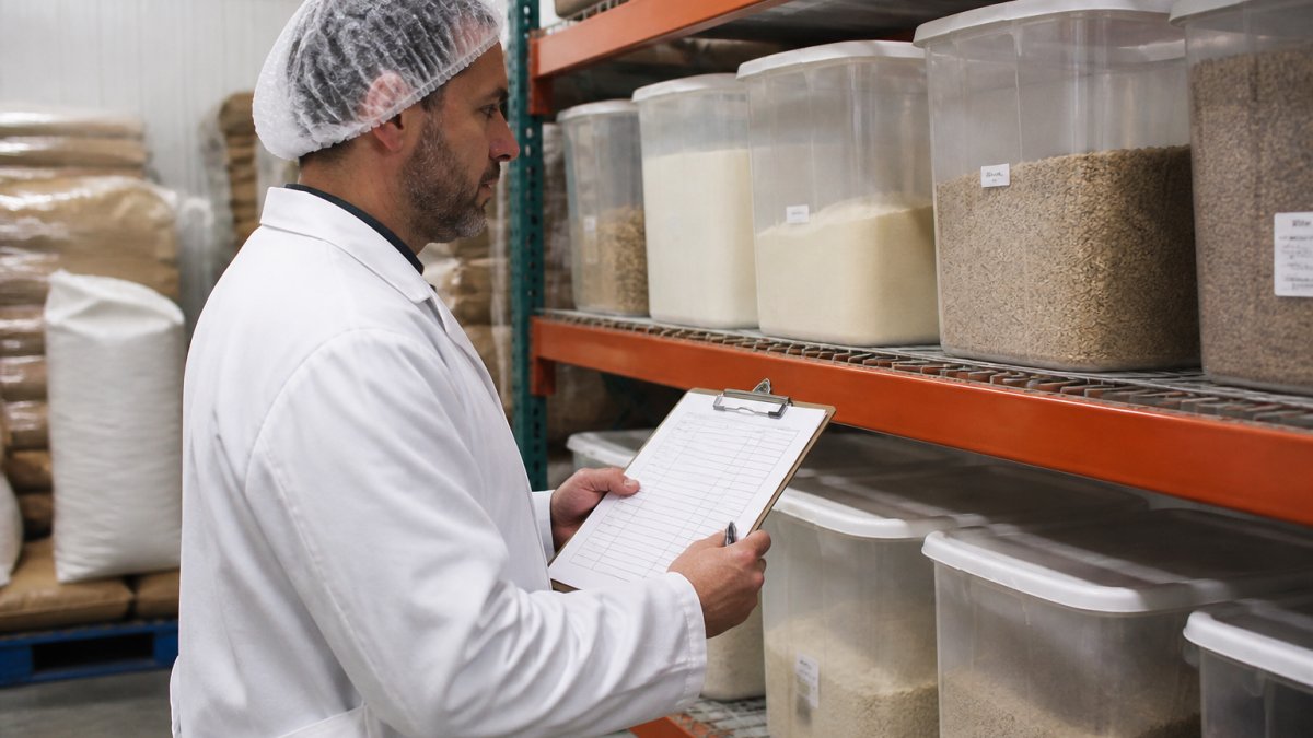 Warehouse worker checking bulk ingredient labels for accurate food production inventory planning counts