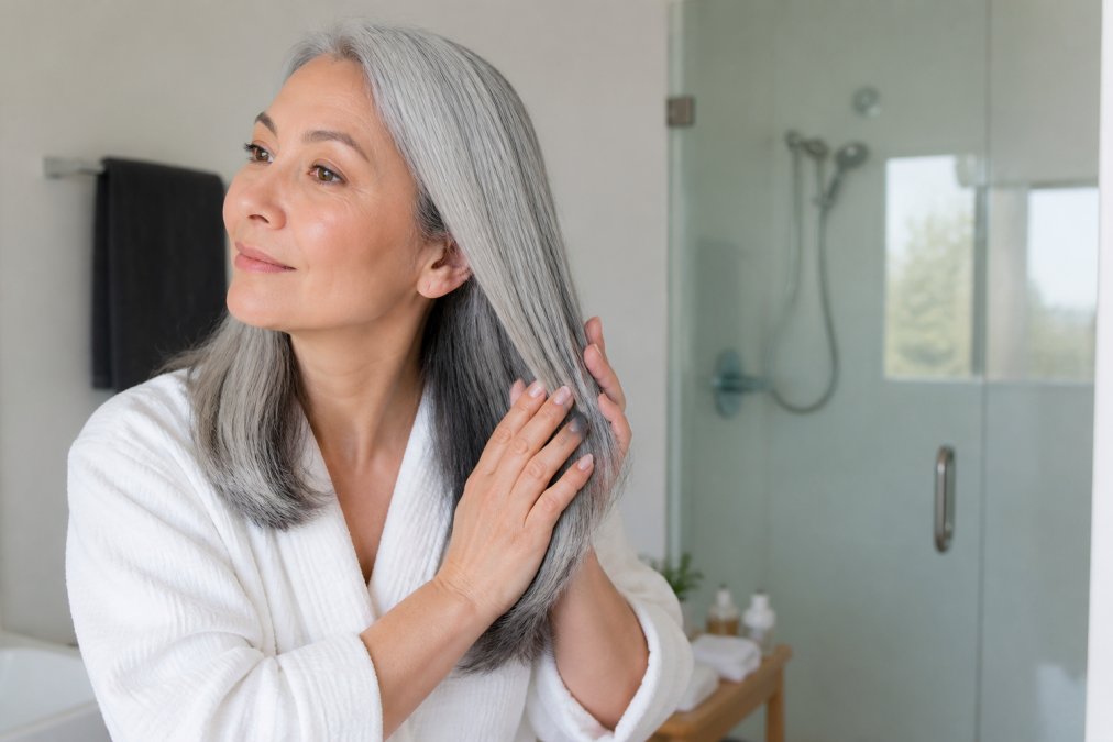 Woman applying leave-in conditioner to her silver-gray hair in a bright bathroom