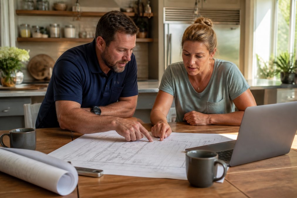 A general contractor and a homeowner reviewing blueprints together at a kitchen table, both leaning in and pointing at details, with a laptop and coffee mugs nearby in warm afternoon light