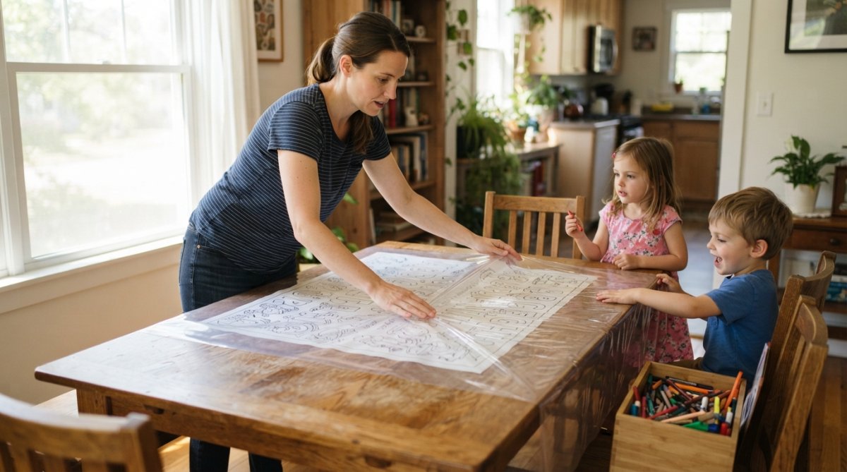 A parent smoothing a clear plastic tablecloth over a wooden dining table while two children prepare to color a large ABC table-sized sheet, crayons scattered in a nearby bin, bright afternoon light through a window