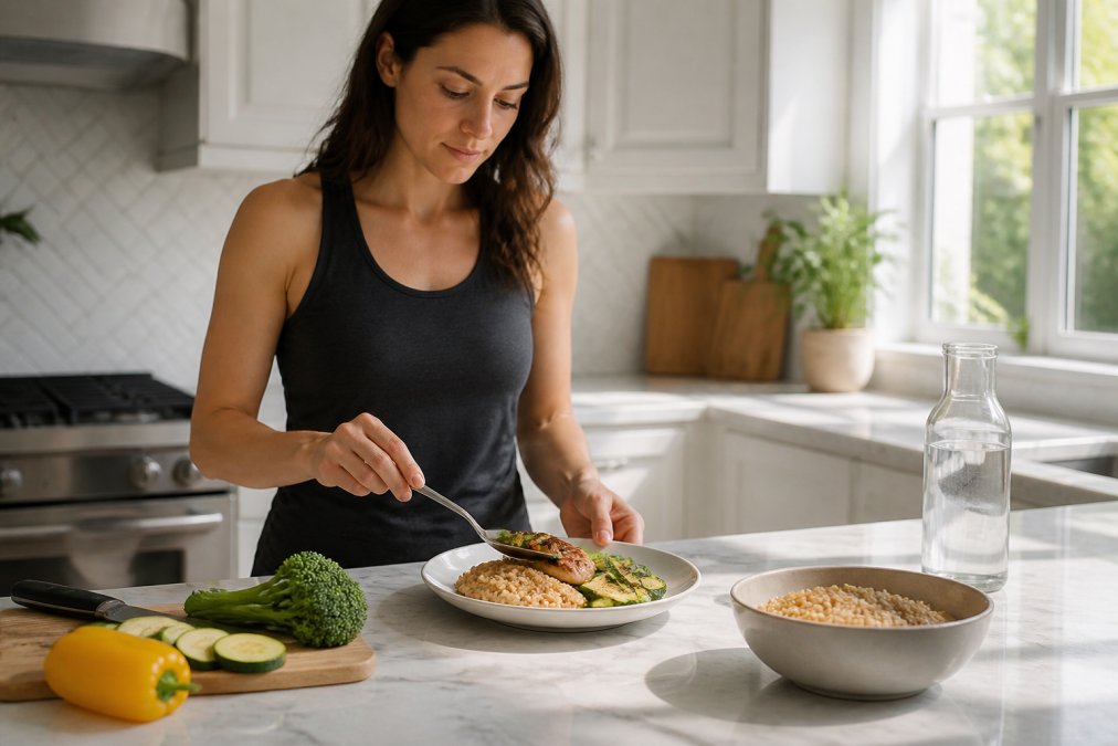 Person preparing a small, balanced meal with lean protein, grilled vegetables, and brown rice on a kitchen counter with natural morning light streaming through windows
