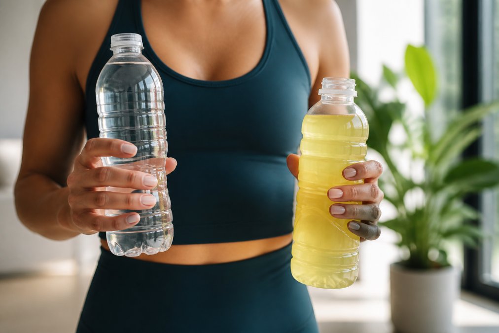 Close-up of hands holding a clear water bottle and an electrolyte drink in a modern wellness setting, with natural light highlighting the beverages