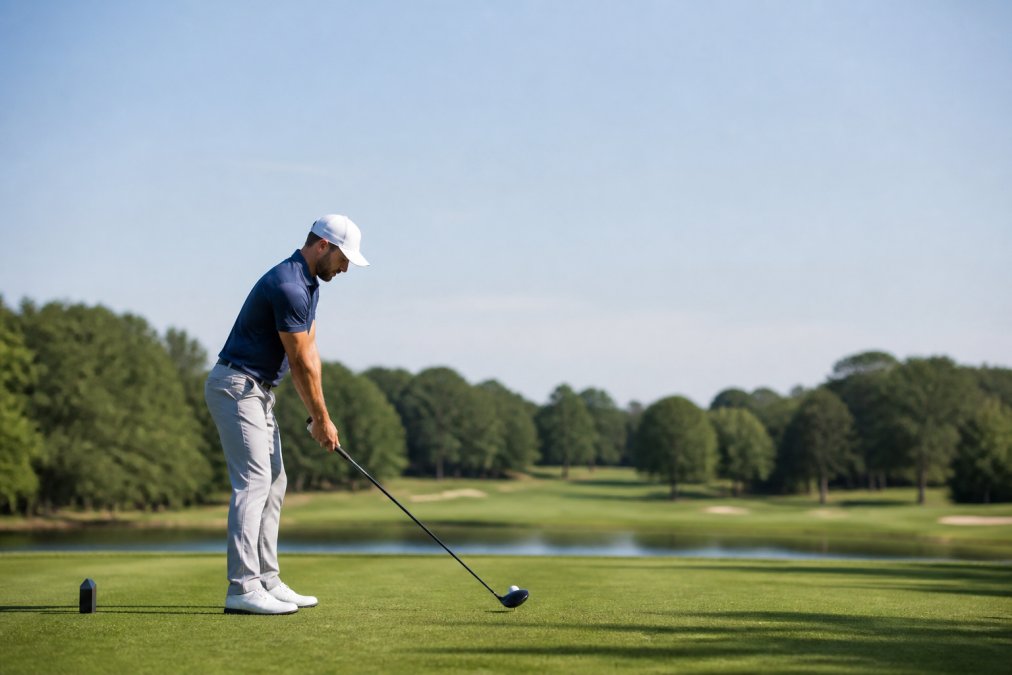 Golfer focused on the tee box using a pre-shot routine to manage golf performance anxiety and find consistency.