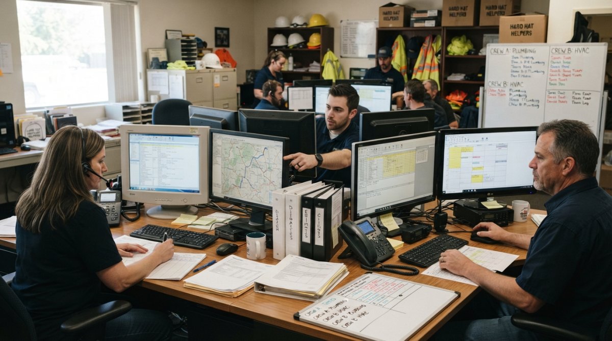 A dispatcher or office manager working at a desk with multiple monitors, managing schedules and customer information in a busy home service office