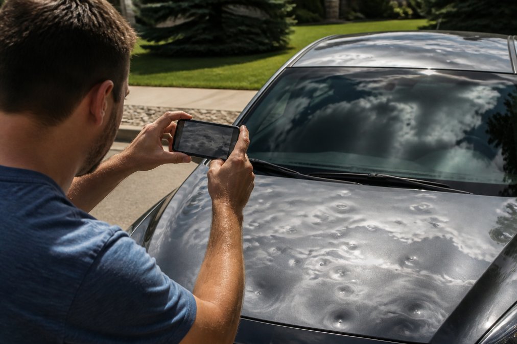 Vehicle owner photographing hail dents on a car roof and hood with a smartphone in bright natural daylight, showing close-up dimples in the metal surface