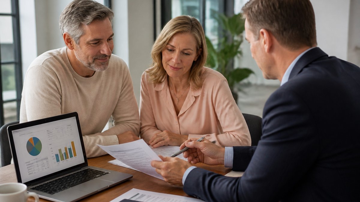 Financial adviser and client reviewing portfolio charts for high balance super investment allocation