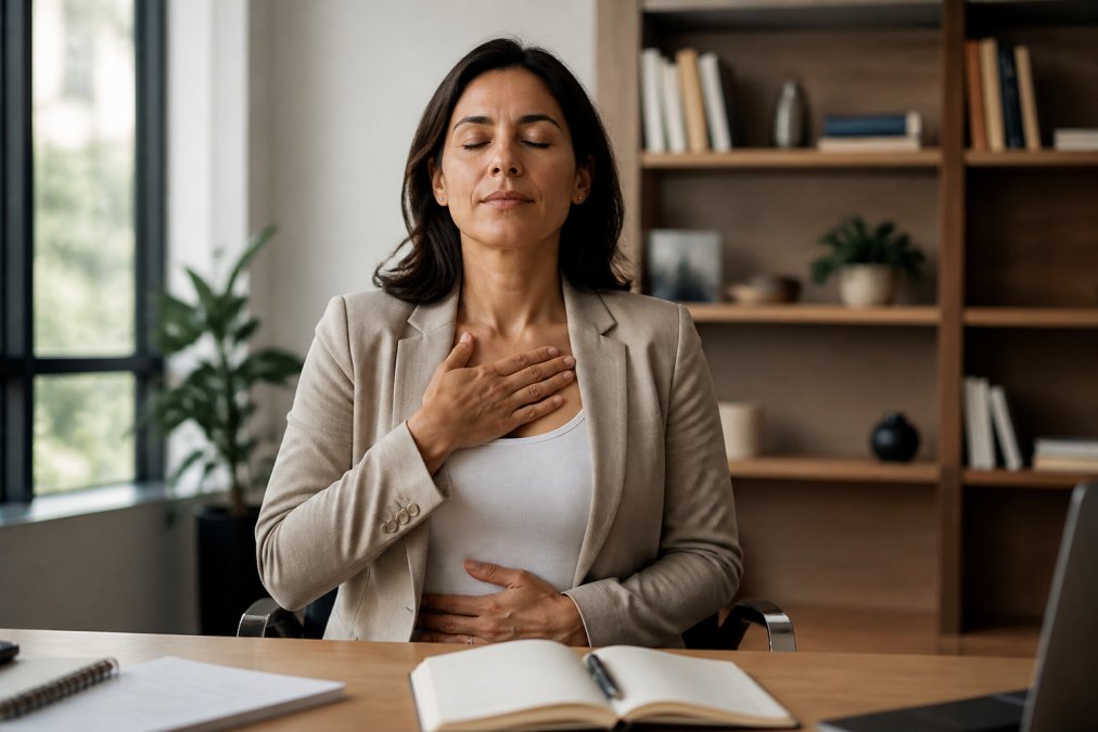 Professional practicing deep breathing with hand on chest at office desk