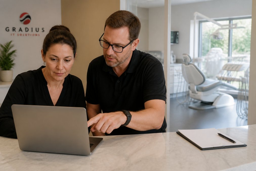 How to Manage HIPAA Compliance for Dental Practices 1 A dental office manager and an IT consultant reviewing a risk assessment checklist on a laptop at the front desk of a modern dental practice, with patient chairs visible in the background