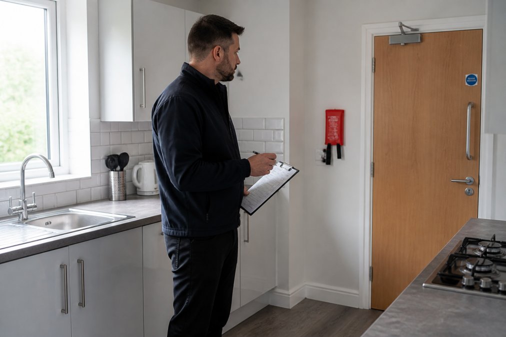 A landlord or property manager inspecting a shared kitchen in an HMO, checking appliances and fire doors with a clipboard, bright natural light from a window
