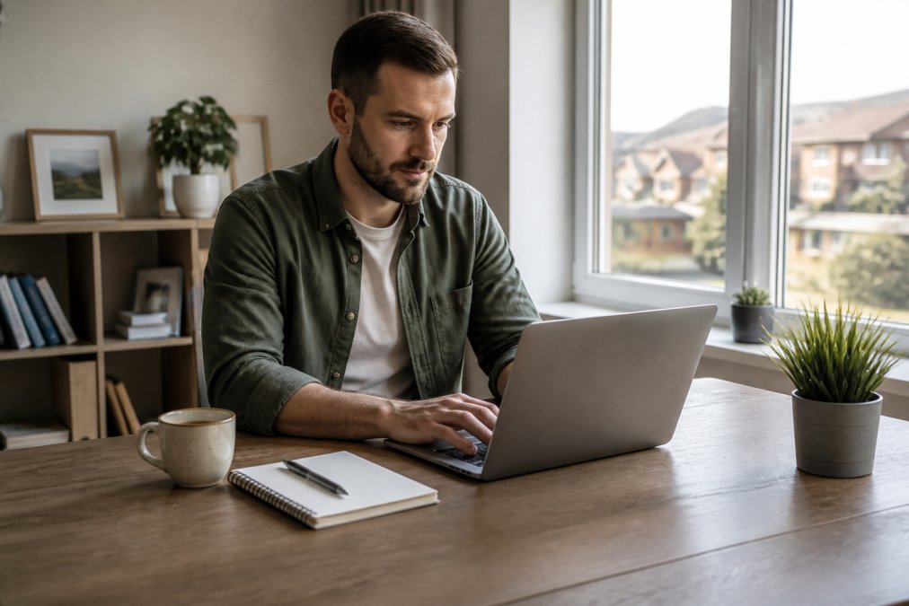 A landlord in a home office reviewing property management software on a laptop, a cup of tea and a notepad beside them, natural daylight through the window