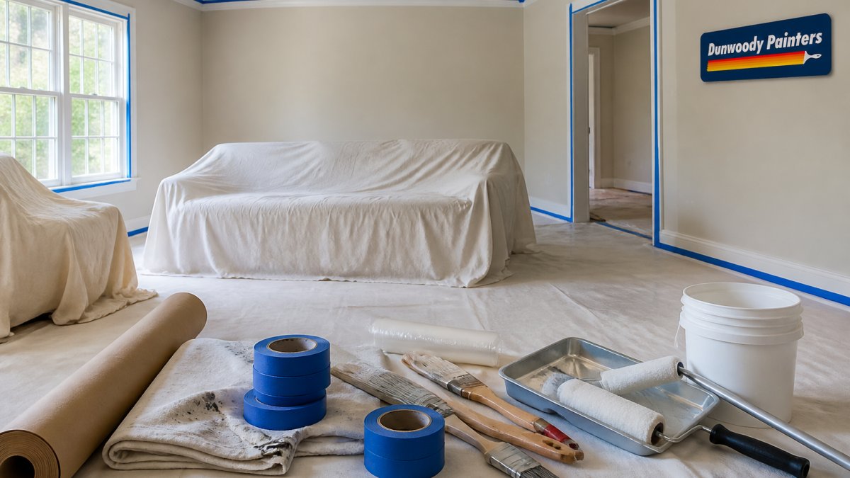 Interior room with furniture pushed to center and covered with white drop cloths, painter's tape applied to trim and baseboards, protective coverings on floor, bright natural light